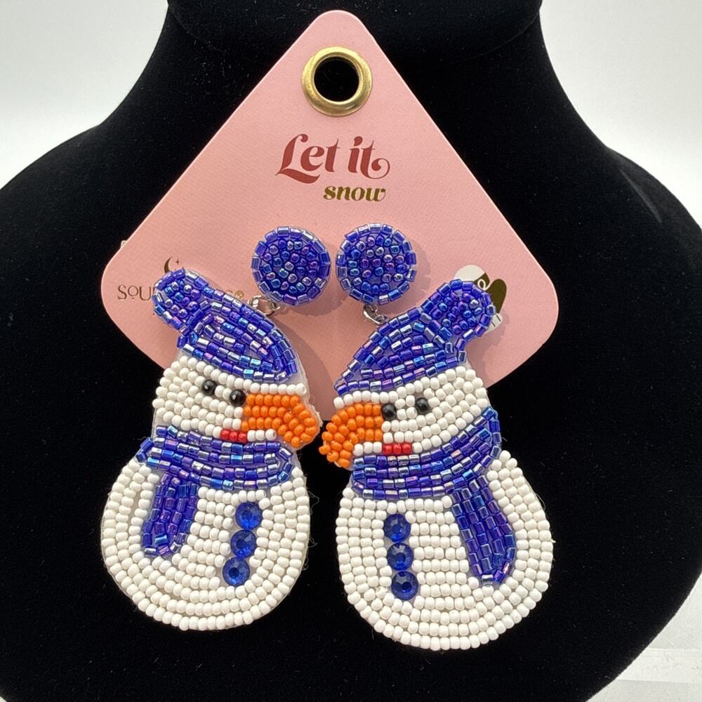 Let It Snow Christmas Snowman with Blue Hat Seed Bead Earrings Soul Stacks
